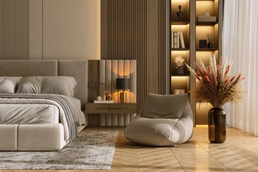 Neutral palette interior with stone wood and metal materials
