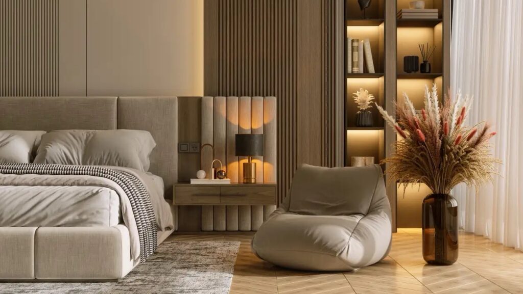 Nội thất trung tính với vật liệu đá gỗ kim loại