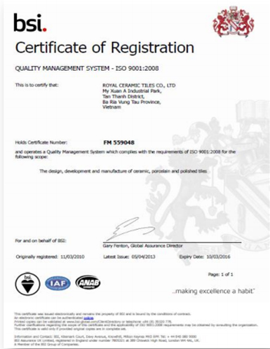 chứng nhận ISO cho vật liệu đá quartz engineered stone
